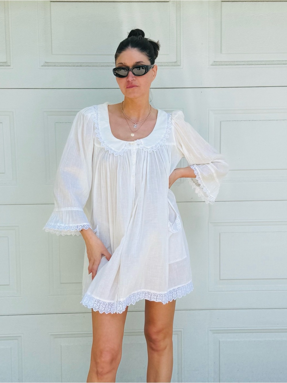 Vintage 80s White Cotton Nightgown Mini Dress CottageCore Lace Neiman Marcus